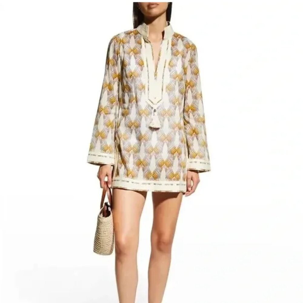 Tory Burch Printed Tunic Cover-Up Dress Sand Deco Crane Geo Sz Small NWT